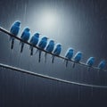 Several blue birds sitting on telegraph wire, in torrential rain