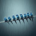 Several blue birds sitting on telegraph wire, in torrential rain