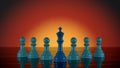 Several blue Chess Pawns lined up with the Chess King at the forefront, the concept of leadership in an organization