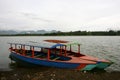 Several boats in Situ Cileunca, Pangalengan, West Java, Indonesia. The atmosphere of Lake Cileunca with a row of boats leaning Royalty Free Stock Photo