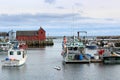 Several boats tied up for the night near Motif #1, one of the most painted landmarks, Rockport, Massachusetts, 2018