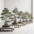 several bonsai trees on a simple white table