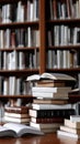Several books are on a table, one is open, with shelves full of books in the background during the day Royalty Free Stock Photo