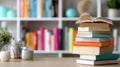 Several books are on a table, one is open, with shelves full of books in the background during the day Royalty Free Stock Photo