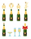 Several bottles of champagne being opened, vector illustration. Bottles and glasses