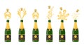Several bottles of champagne being opened, vector illustration. Open bottle. A set of several champagne flat celebration