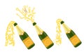 Several bottles of champagne being opened, vector illustration. Open bottle. A set of several champagne flat celebration