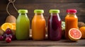 several bottles with fruit juices smoothies, on vintage wooden background with fruit Royalty Free Stock Photo