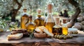 Several bottles of olive oil displayed on a rustic wooden table, AI-generated. Royalty Free Stock Photo