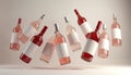 Several bottles of red and rose wine float in air against plain background. Blank labels on bottles for custom text. Minimalist Royalty Free Stock Photo