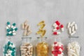 Several bottles of supplements pills. Variety of nutritional supplements and vitamin capsules. Royalty Free Stock Photo