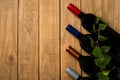 Several bottles of wine and vine leaves on wooden background. Top view with copy space Royalty Free Stock Photo