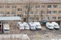 Several broken ambulances after crash accidents at repair station,Moscow,Russia,April 2019