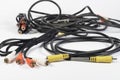 Several cables with RCA connectors for audio and video Royalty Free Stock Photo