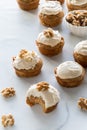 Several carrot cake muffins on a table with walnuts, lit from behind.