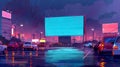 Several cars stand under a large outdoor screen while watching a movie at night in rainy weather. A cityscape background