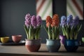 Several ceramics multicolored pots with a variety of flowering hyacinths stand on the table on kitchen