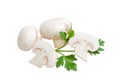 Several champignon mushroom and a leaf of parsley Royalty Free Stock Photo