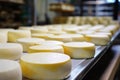 Photo of cheeses on a conveyor belt in a factory. Industrial cheese production plant. Modern technologies. Production of different Royalty Free Stock Photo