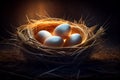 Several chicken eggs in a straw nest. AI generated.