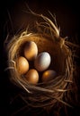 Several chicken eggs in a straw nest. AI generated.