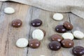 Several chocolate kruidnoten on wooden surface Royalty Free Stock Photo