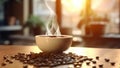 Roasted coffee beans over a wood table and a cup of hot smoking coffee. Cuisine photography. Food pictures. Menu photos. Royalty Free Stock Photo