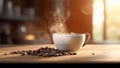 Several coffee beans all over a wood table and a cup of smoking coffee. Cuisine photography. Food pictures. Menu photos.