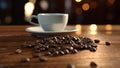 Roasted coffee beans over a wood table and a cup of hot smoking coffee. Cuisine photography. Food pictures. Menu photos.