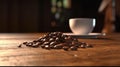 Several coffee beans all over a wood table and a cup of coffee. Cuisine photography. Food pictures. Restaurant menu photos.
