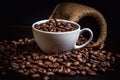 Several coffee beans on a wooden table and a cup of coffee. Culinary photography. Photos of the restaurant menu. Roasted coffee