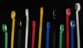 Several coils of colored tape insulating tape on black background. Adhesive tape Electrical tapes on a black background. View
