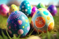Several colored decorated chocolate Easter eggs on grass. Easter.