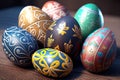 Several colored decorated chocolate Easter eggs on grass.