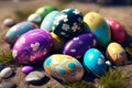 Several colored decorated chocolate Easter eggs on grass. Easter