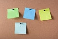 Several colored note sheets pinned to cork board Royalty Free Stock Photo