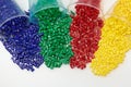 several colored plastic granulate resins laboratory Royalty Free Stock Photo