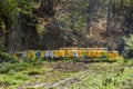 Several colorful bee hive boxes stand in two rows among still green trees and bushes Royalty Free Stock Photo