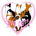 Several colorful cats sitting closed by heart and text love cats