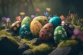 Several colorful Easter eggs lie in the spring among green moss, stones and flowers.