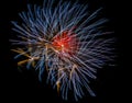 Several colorful fireworks exploding in the dark sky in the middle of the night. The explosions light the sky creating colorful