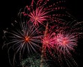 Several colorful fireworks exploding in the dark sky in the middle of the night. The explosions light the sky creating colorful