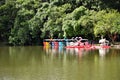 Several colorful pedal boats standing by the lake
