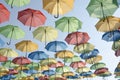 Several colorful umbrellas hanging Royalty Free Stock Photo