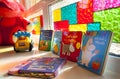 Several colorful books, toy car and children truck