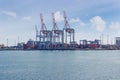 Several container crane on the berth of sea cargo port