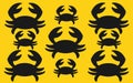 Several crabs silhouette set against a yellow backdrop
