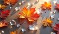 Several crystals are placed on the ground with dried maple leaves Royalty Free Stock Photo