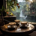 Several cups of tea and coffee on table enjoying warm drink with waterfall background