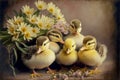 Several cute ducklings and flowers. AI generated